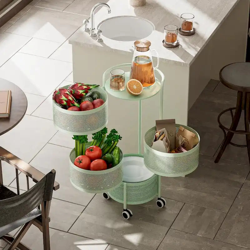 Multi-Tier Rotating Storage Basket with Wheels for Vegetables Fruits Groceries in Kitchen Household Organizer