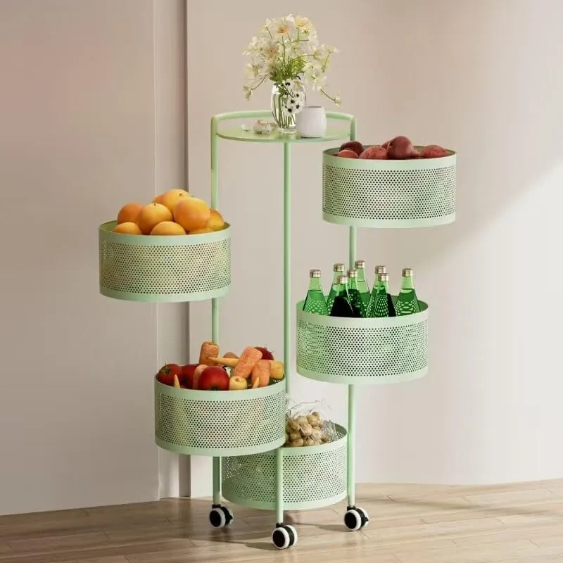 Multi-Tier Rotating Storage Basket with Wheels for Vegetables Fruits Groceries in Kitchen Household Organizer