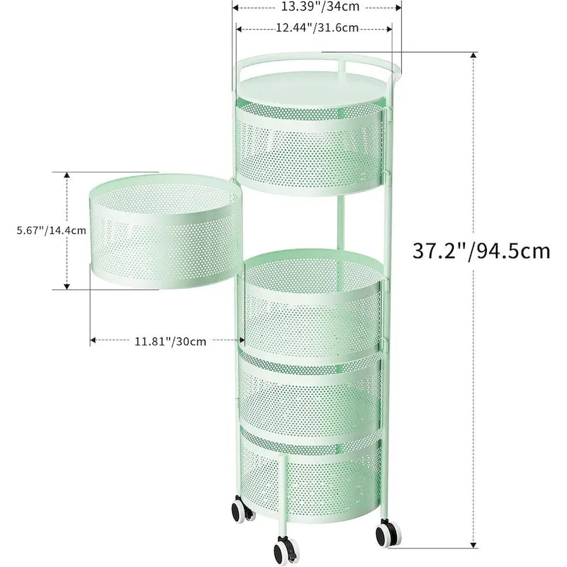 Multi-Tier Rotating Storage Basket with Wheels for Vegetables Fruits Groceries in Kitchen Household Organizer