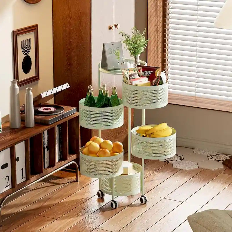 Multi-Tier Rotating Storage Basket with Wheels for Vegetables Fruits Groceries in Kitchen Household Organizer