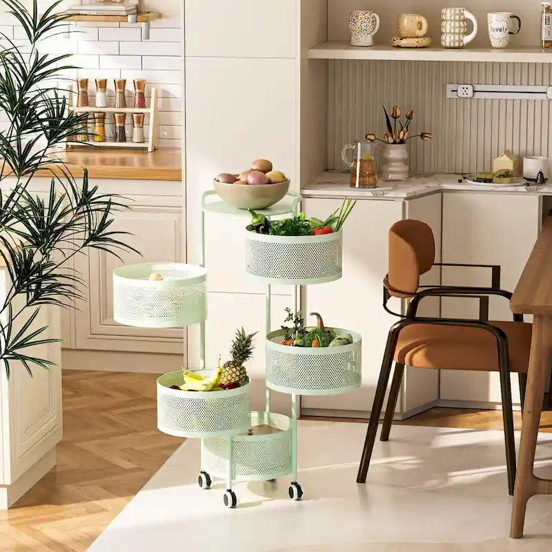 Multi-Tier Rotating Storage Basket with Wheels for Vegetables Fruits Groceries in Kitchen Household Organizer
