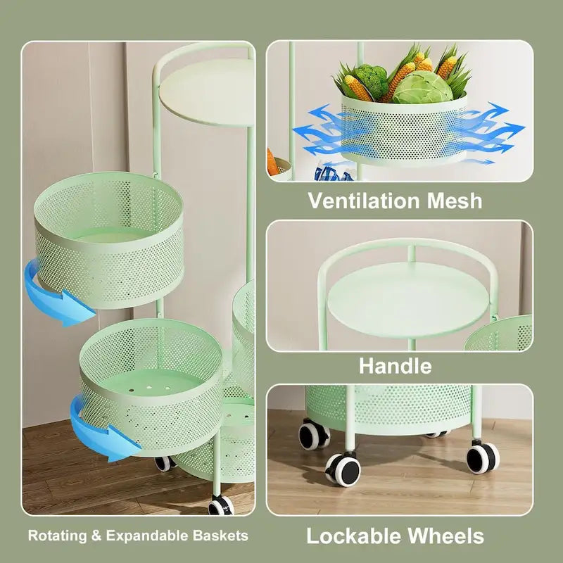Multi-Tier Rotating Storage Basket with Wheels for Vegetables Fruits Groceries in Kitchen Household Organizer