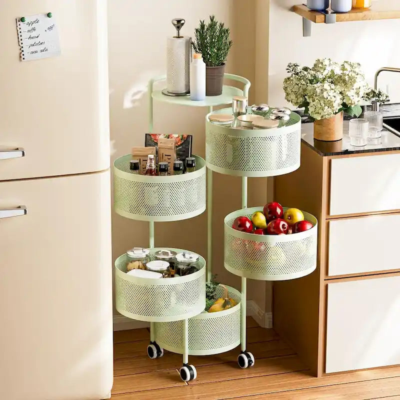 Multi-Tier Rotating Storage Basket with Wheels for Vegetables Fruits Groceries in Kitchen Household Organizer