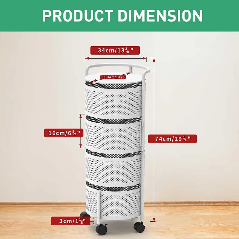Multi-Tier Rotating Storage Basket with Wheels for Vegetables Fruits Groceries in Kitchen Household Organizer