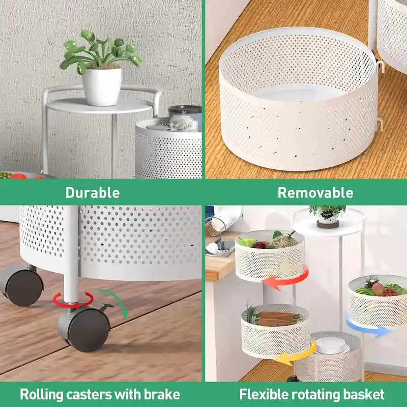 Multi-Tier Rotating Storage Basket with Wheels for Vegetables Fruits Groceries in Kitchen Household Organizer