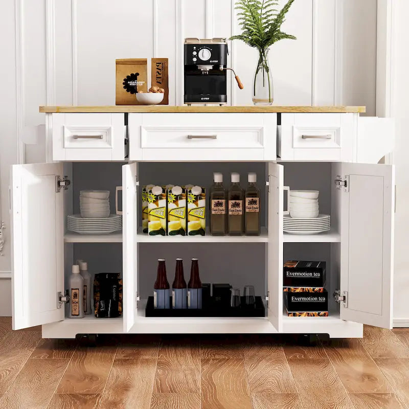 Rolling Kitchen Island with Drop Leaf, Kitchen Island Cart on Wheels, Moveable Island Table with 4 Doors Cabinet & 3 Drawers