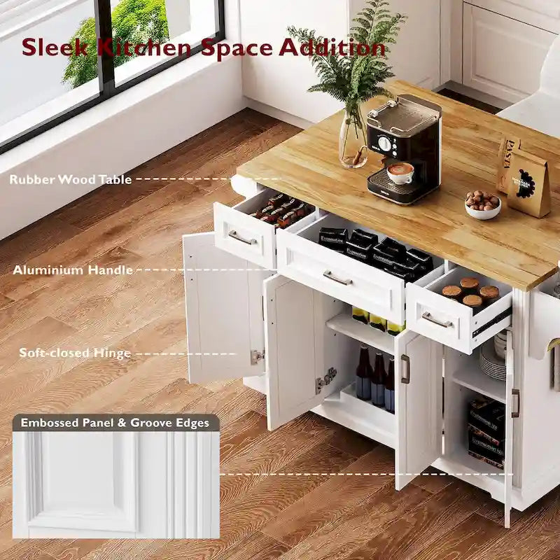Rolling Kitchen Island with Drop Leaf, Kitchen Island Cart on Wheels, Moveable Island Table with 4 Doors Cabinet & 3 Drawers