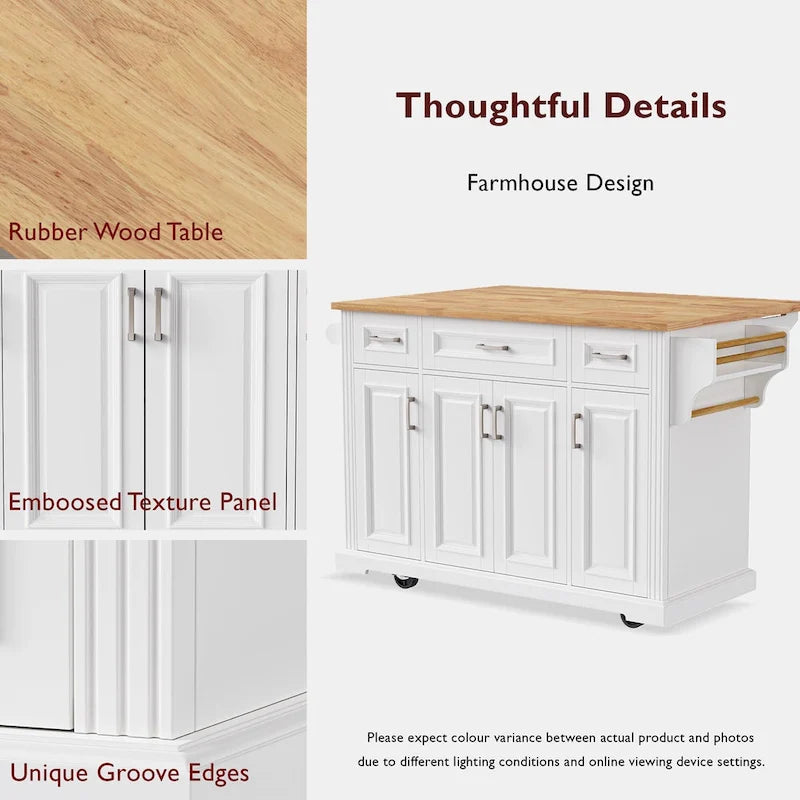 Rolling Kitchen Island with Drop Leaf, Kitchen Island Cart on Wheels, Moveable Island Table with 4 Doors Cabinet & 3 Drawers