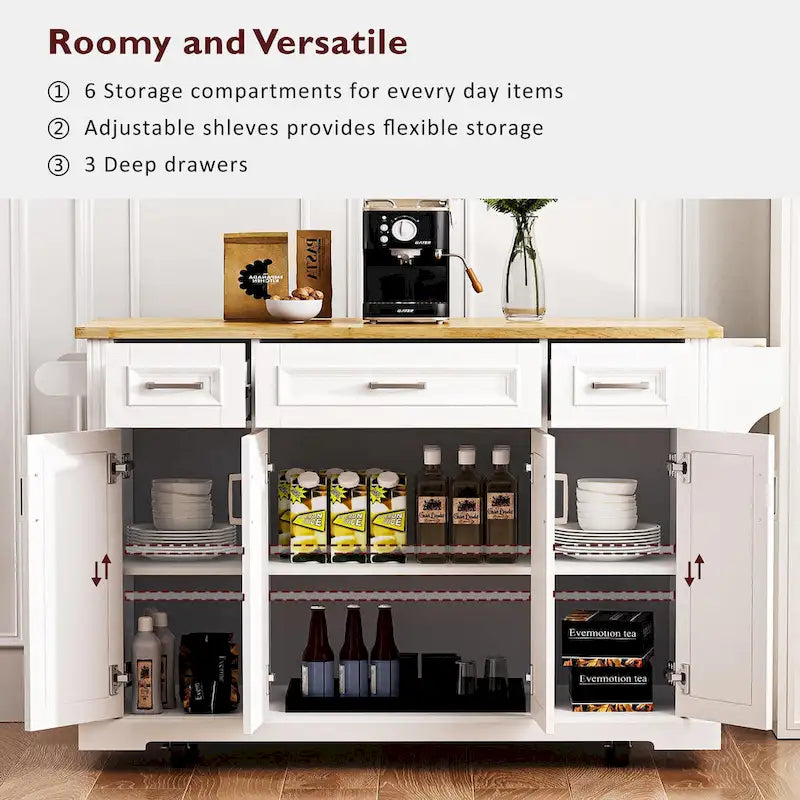 Rolling Kitchen Island with Drop Leaf, Kitchen Island Cart on Wheels, Moveable Island Table with 4 Doors Cabinet & 3 Drawers