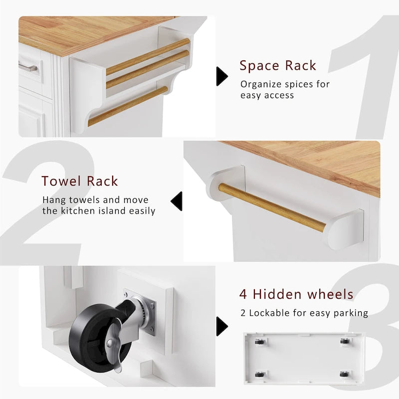 Rolling Kitchen Island with Drop Leaf, Kitchen Island Cart on Wheels, Moveable Island Table with 4 Doors Cabinet & 3 Drawers