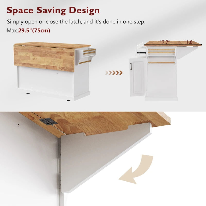 Rolling Kitchen Island with Drop Leaf, Kitchen Island Cart on Wheels, Moveable Island Table with 4 Doors Cabinet & 3 Drawers
