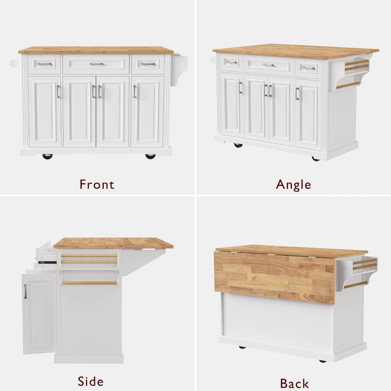 Rolling Kitchen Island with Drop Leaf, Kitchen Island Cart on Wheels, Moveable Island Table with 4 Doors Cabinet & 3 Drawers