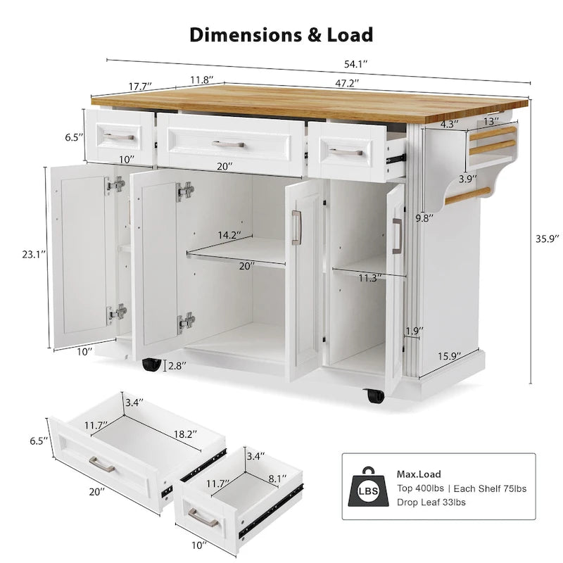 Rolling Kitchen Island with Drop Leaf, Kitchen Island Cart on Wheels, Moveable Island Table with 4 Doors Cabinet & 3 Drawers
