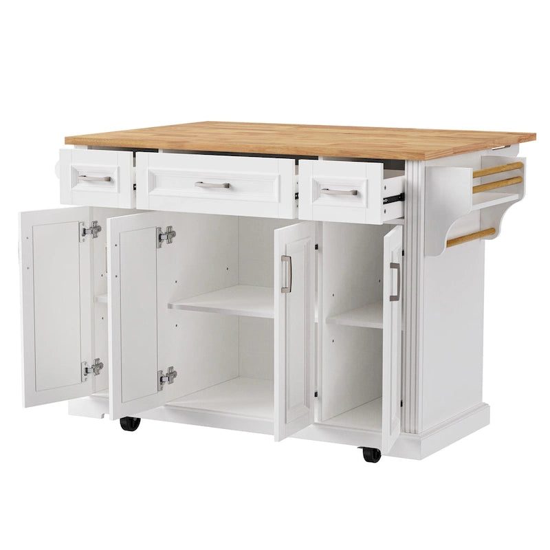 Rolling Kitchen Island with Drop Leaf, Kitchen Island Cart on Wheels, Moveable Island Table with 4 Doors Cabinet & 3 Drawers