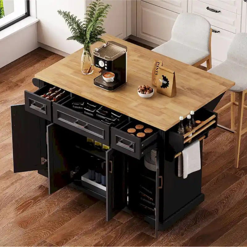 Rolling Kitchen Island with Drop Leaf, Kitchen Island Cart on Wheels, Moveable Island Table with 4 Doors Cabinet & 3 Drawers