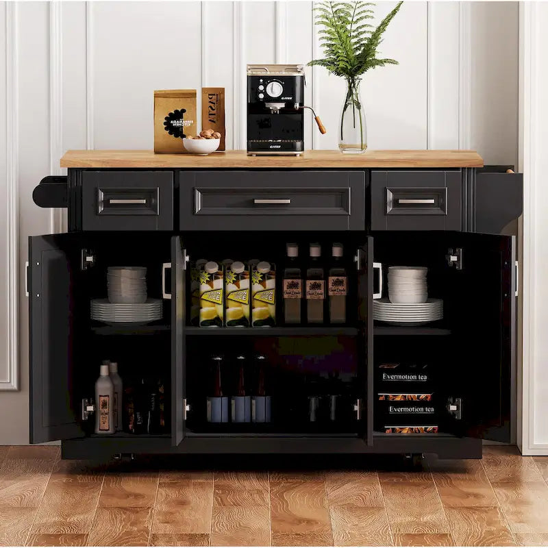 Rolling Kitchen Island with Drop Leaf, Kitchen Island Cart on Wheels, Moveable Island Table with 4 Doors Cabinet & 3 Drawers