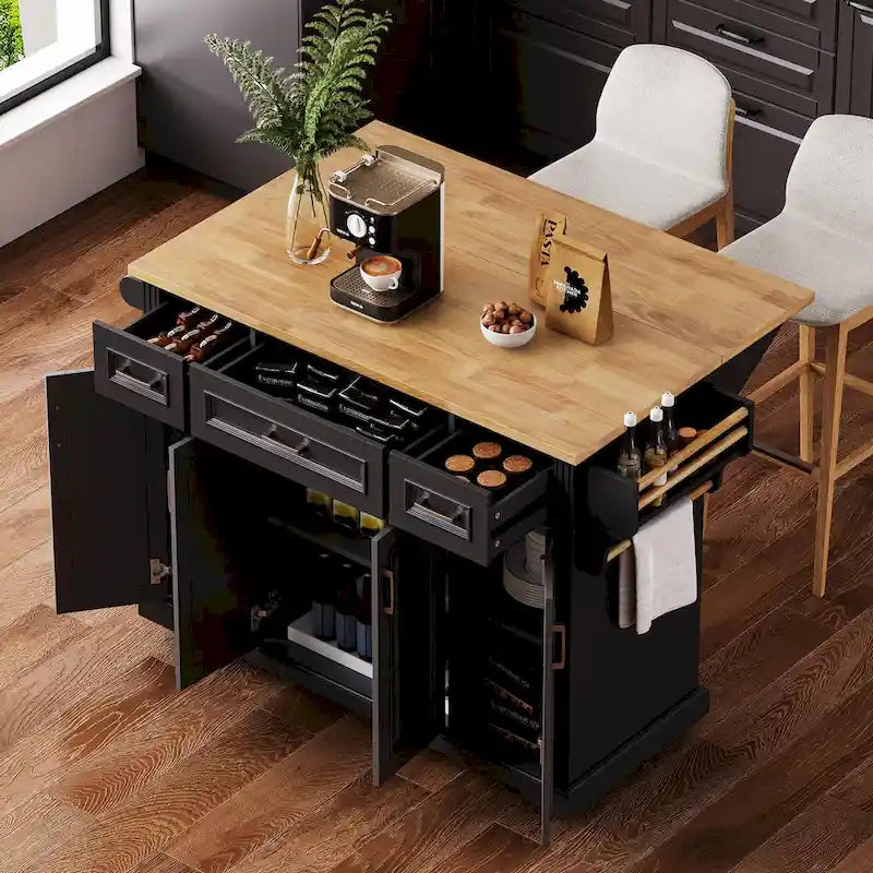 Rolling Kitchen Island with Drop Leaf, Kitchen Island Cart on Wheels, Moveable Island Table with 4 Doors Cabinet & 3 Drawers