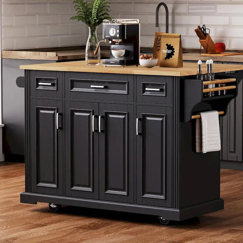 Rolling Kitchen Island with Drop Leaf, Kitchen Island Cart on Wheels, Moveable Island Table with 4 Doors Cabinet & 3 Drawers