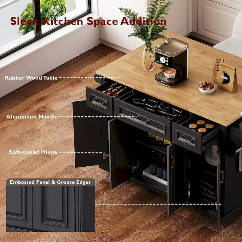 Rolling Kitchen Island with Drop Leaf, Kitchen Island Cart on Wheels, Moveable Island Table with 4 Doors Cabinet & 3 Drawers