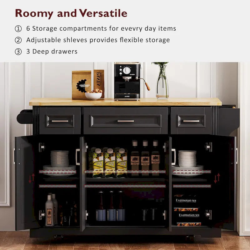 Rolling Kitchen Island with Drop Leaf, Kitchen Island Cart on Wheels, Moveable Island Table with 4 Doors Cabinet & 3 Drawers