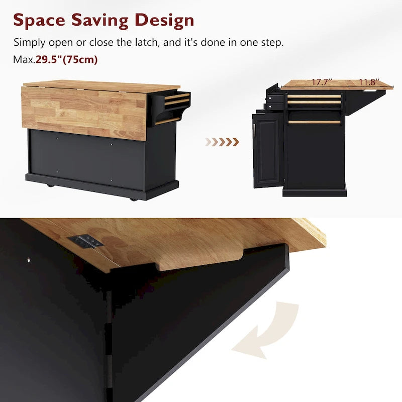 Rolling Kitchen Island with Drop Leaf, Kitchen Island Cart on Wheels, Moveable Island Table with 4 Doors Cabinet & 3 Drawers