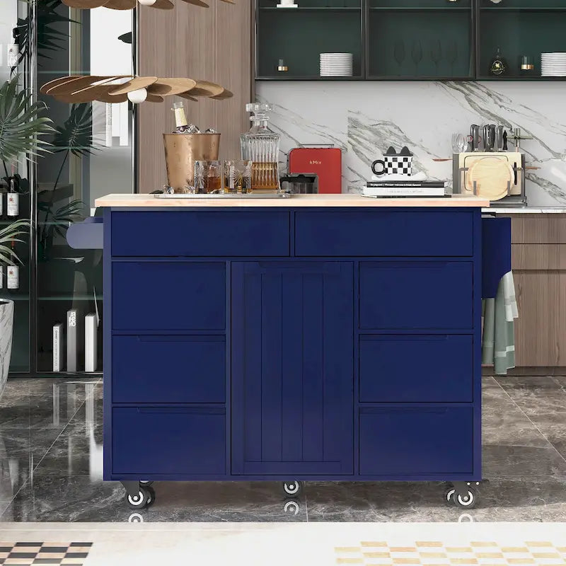 Kitchen Island with Wooden Top, Mobile Island on Locking Wheels, Rolling Cart with Flatware Organizer & 8 Handle-Free Drawers