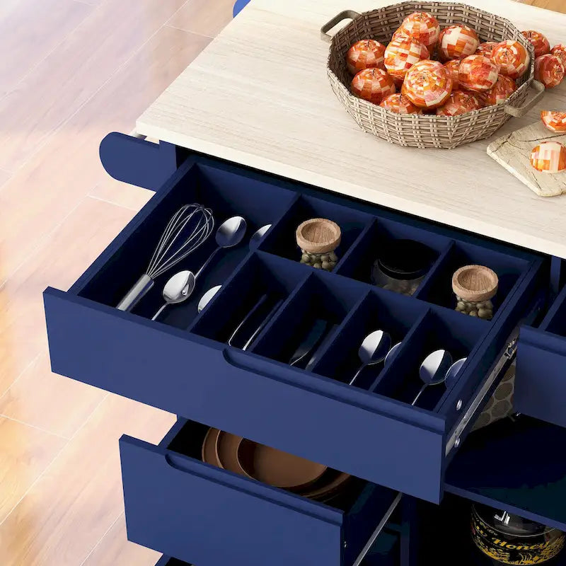 Kitchen Island with Wooden Top, Mobile Island on Locking Wheels, Rolling Cart with Flatware Organizer & 8 Handle-Free Drawers