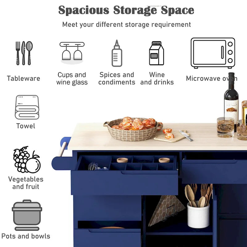 Kitchen Island with Wooden Top, Mobile Island on Locking Wheels, Rolling Cart with Flatware Organizer & 8 Handle-Free Drawers