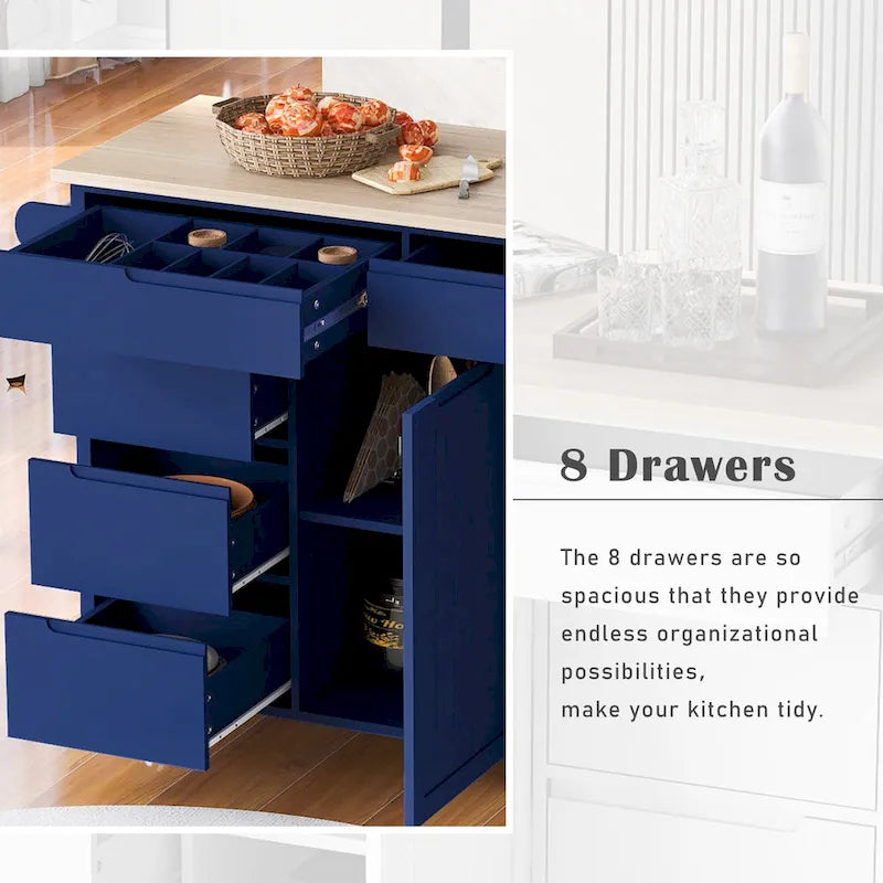 Kitchen Island with Wooden Top, Mobile Island on Locking Wheels, Rolling Cart with Flatware Organizer & 8 Handle-Free Drawers