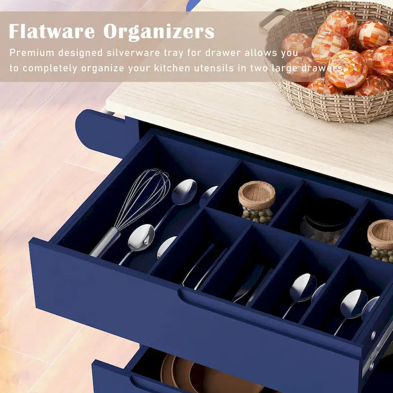 Kitchen Island with Wooden Top, Mobile Island on Locking Wheels, Rolling Cart with Flatware Organizer & 8 Handle-Free Drawers