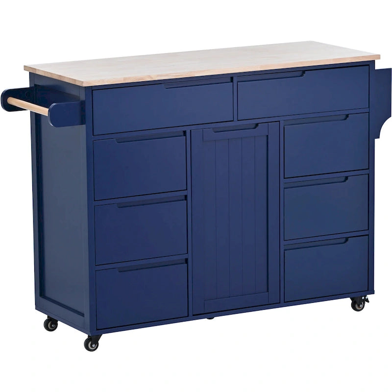 Kitchen Island with Wooden Top, Mobile Island on Locking Wheels, Rolling Cart with Flatware Organizer & 8 Handle-Free Drawers