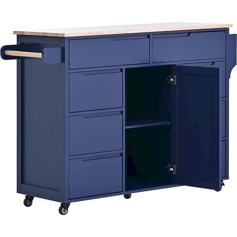 Kitchen Island with Wooden Top, Mobile Island on Locking Wheels, Rolling Cart with Flatware Organizer & 8 Handle-Free Drawers