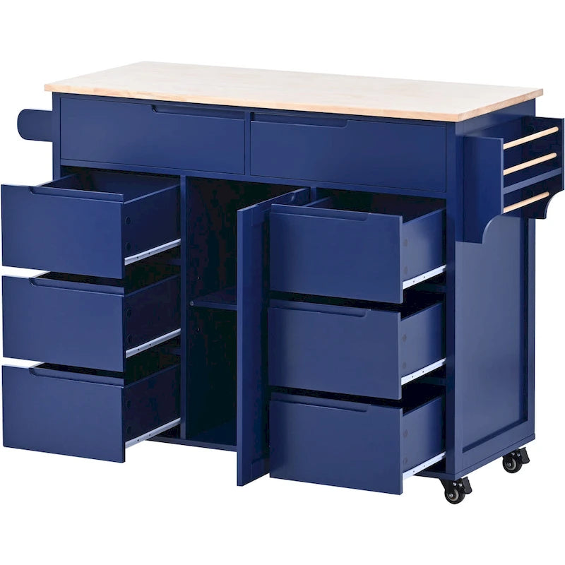 Kitchen Island with Wooden Top, Mobile Island on Locking Wheels, Rolling Cart with Flatware Organizer & 8 Handle-Free Drawers