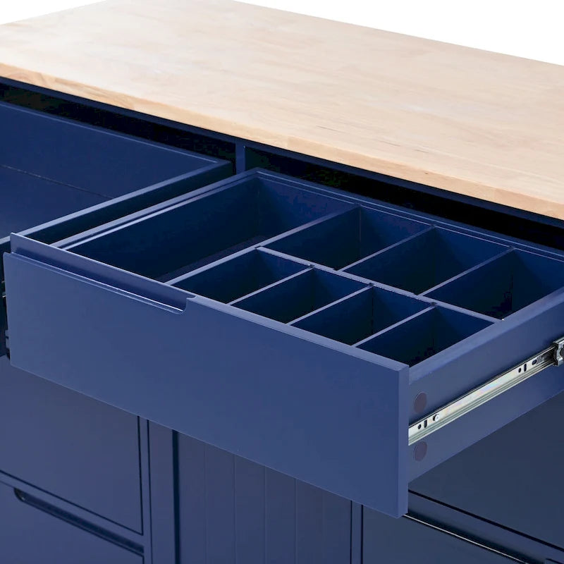 Kitchen Island with Wooden Top, Mobile Island on Locking Wheels, Rolling Cart with Flatware Organizer & 8 Handle-Free Drawers