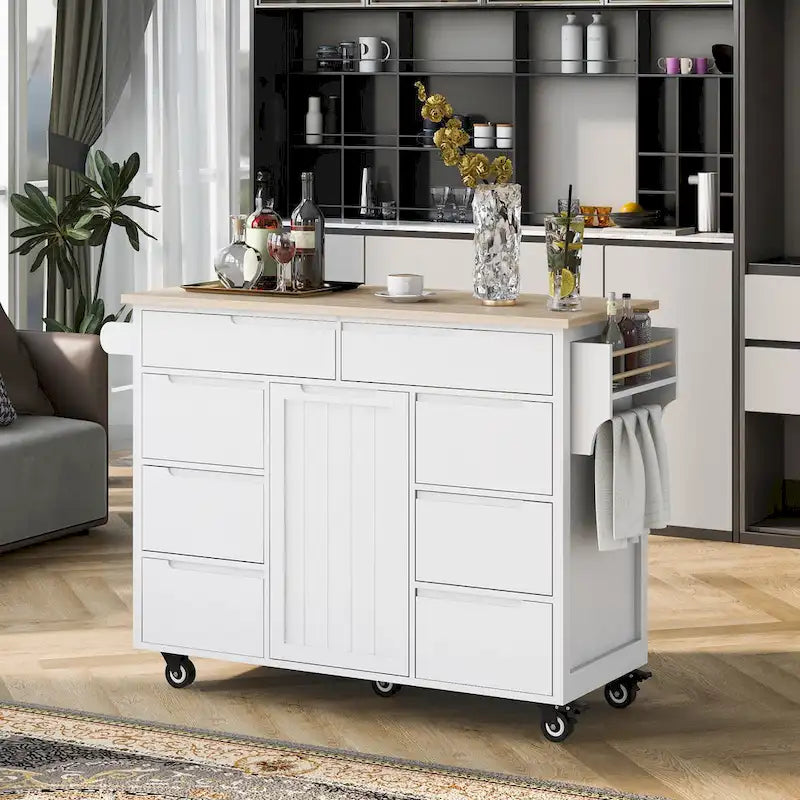 Kitchen Island with Wooden Top, Mobile Island on Locking Wheels, Rolling Cart with Flatware Organizer & 8 Handle-Free Drawers