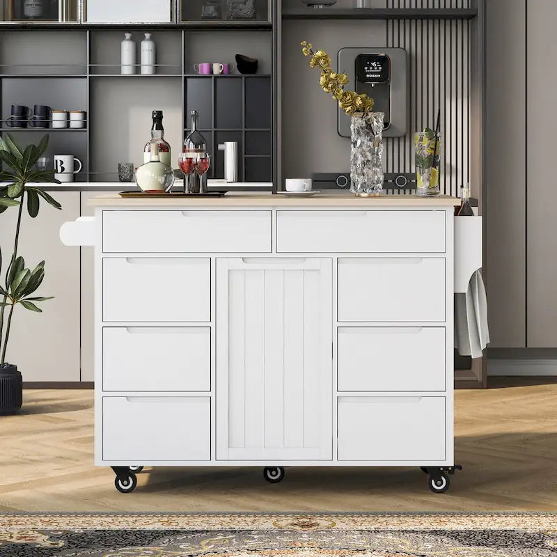 Kitchen Island with Wooden Top, Mobile Island on Locking Wheels, Rolling Cart with Flatware Organizer & 8 Handle-Free Drawers