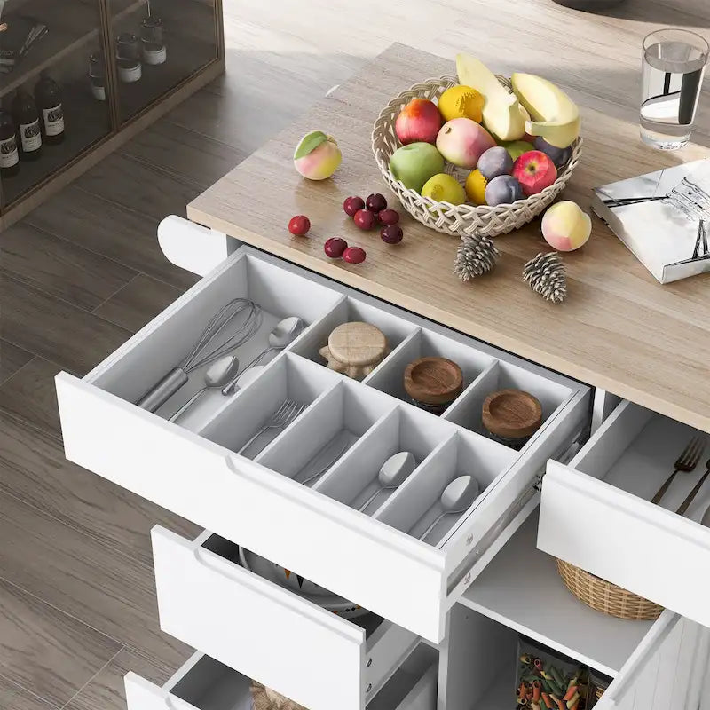 Kitchen Island with Wooden Top, Mobile Island on Locking Wheels, Rolling Cart with Flatware Organizer & 8 Handle-Free Drawers