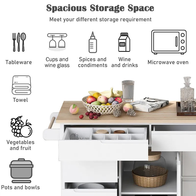 Kitchen Island with Wooden Top, Mobile Island on Locking Wheels, Rolling Cart with Flatware Organizer & 8 Handle-Free Drawers