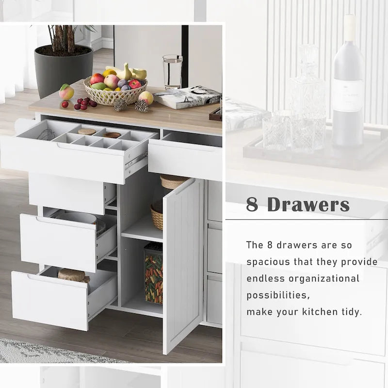 Kitchen Island with Wooden Top, Mobile Island on Locking Wheels, Rolling Cart with Flatware Organizer & 8 Handle-Free Drawers