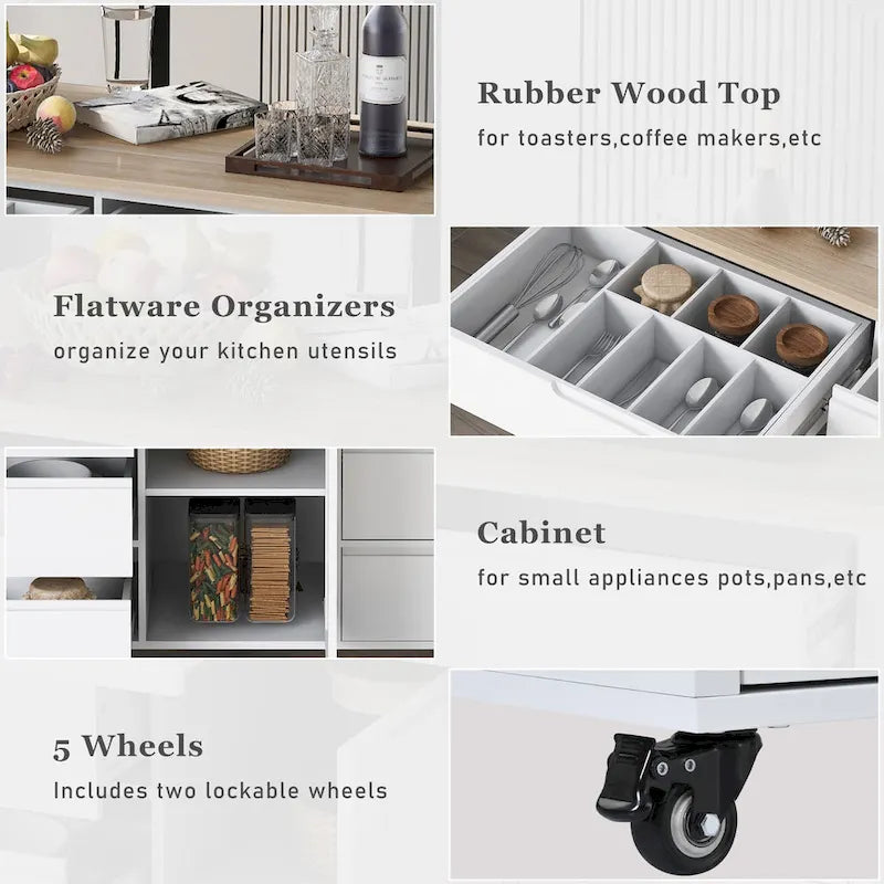 Kitchen Island with Wooden Top, Mobile Island on Locking Wheels, Rolling Cart with Flatware Organizer & 8 Handle-Free Drawers