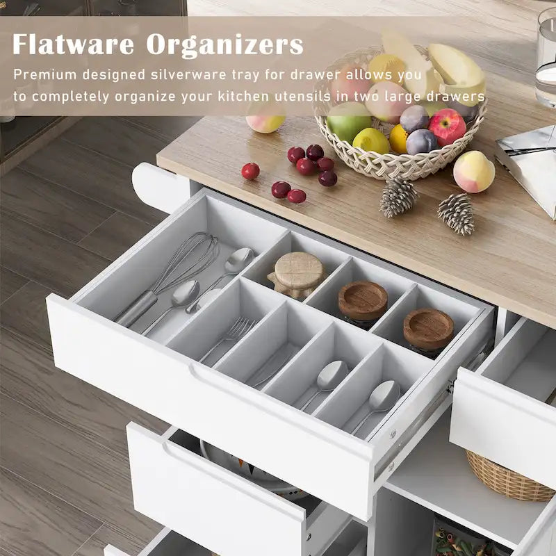 Kitchen Island with Wooden Top, Mobile Island on Locking Wheels, Rolling Cart with Flatware Organizer & 8 Handle-Free Drawers