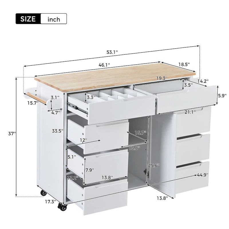 Kitchen Island with Wooden Top, Mobile Island on Locking Wheels, Rolling Cart with Flatware Organizer & 8 Handle-Free Drawers
