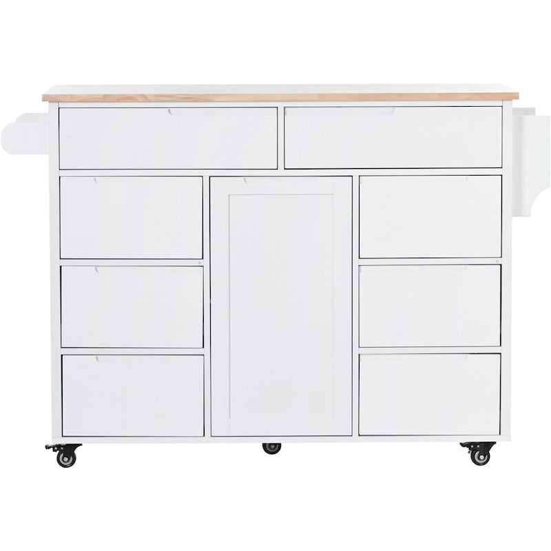 Kitchen Island with Wooden Top, Mobile Island on Locking Wheels, Rolling Cart with Flatware Organizer & 8 Handle-Free Drawers