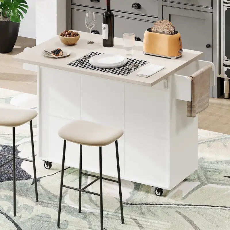 Kitchen Island with Trash Can Storage Cabinet, Rolling Kitchen Island on Wheels with Adjustable Shelf, Drop Leaf & Drawer