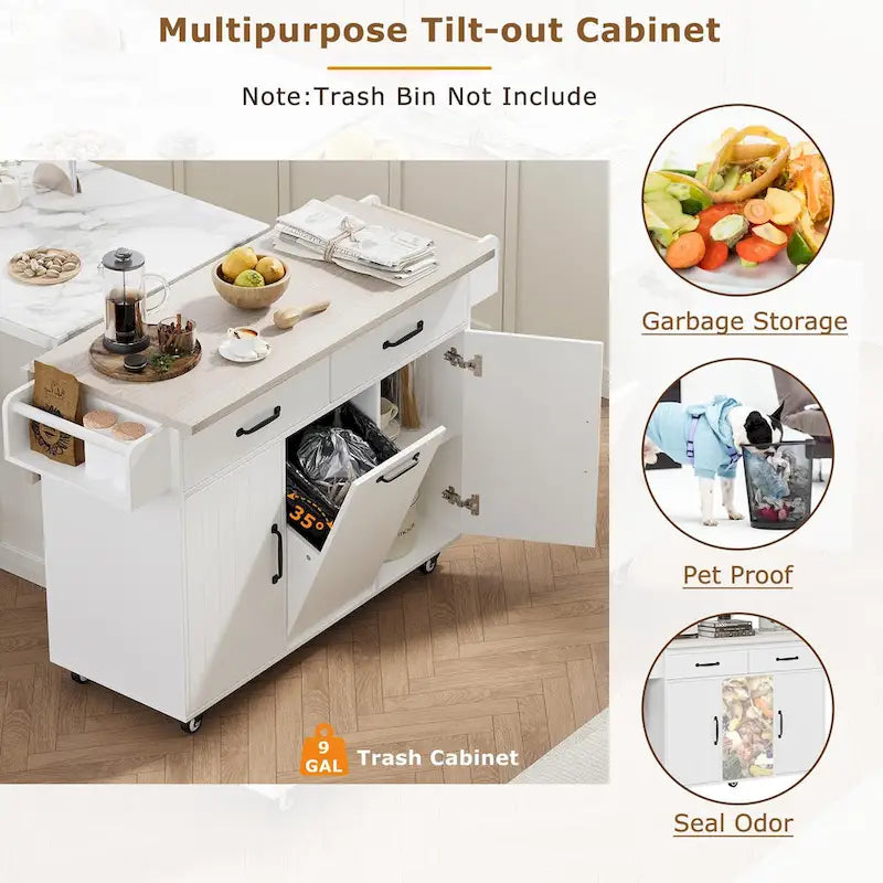 Kitchen Island with Trash Can Storage Cabinet, Rolling Kitchen Island on Wheels with Adjustable Shelf, Drop Leaf & Drawer