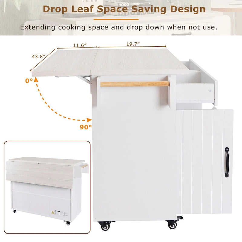 Kitchen Island with Trash Can Storage Cabinet, Rolling Kitchen Island on Wheels with Adjustable Shelf, Drop Leaf & Drawer