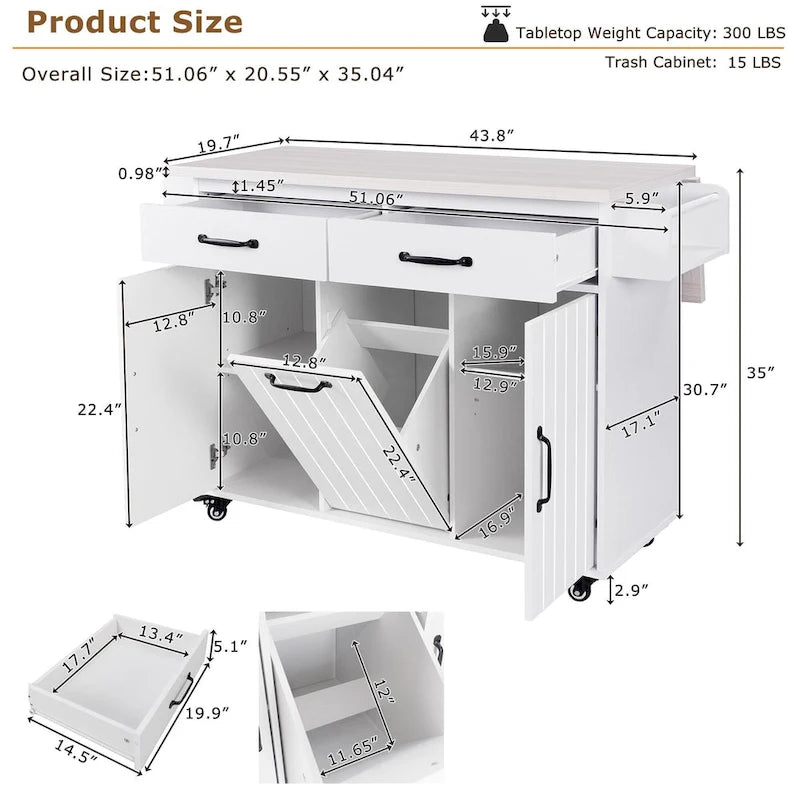 Kitchen Island with Trash Can Storage Cabinet, Rolling Kitchen Island on Wheels with Adjustable Shelf, Drop Leaf & Drawer