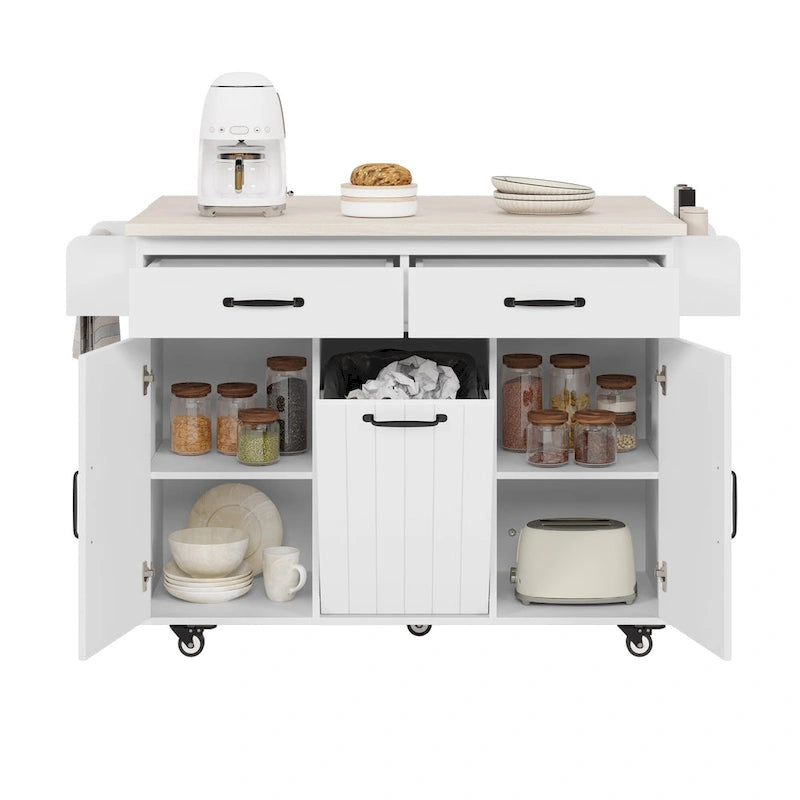 Kitchen Island with Trash Can Storage Cabinet, Rolling Kitchen Island on Wheels with Adjustable Shelf, Drop Leaf & Drawer