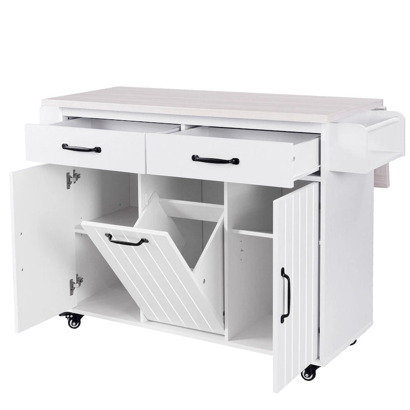 Kitchen Island with Trash Can Storage Cabinet, Rolling Kitchen Island on Wheels with Adjustable Shelf, Drop Leaf & Drawer