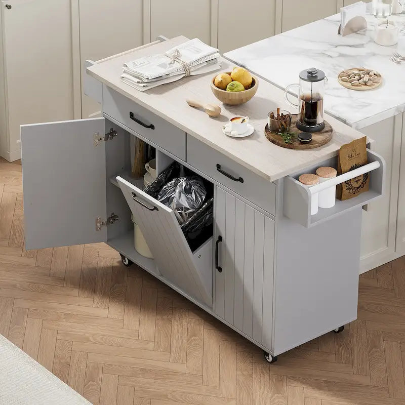 Kitchen Island with Trash Can Storage Cabinet, Rolling Kitchen Island on Wheels with Adjustable Shelf, Drop Leaf & Drawer